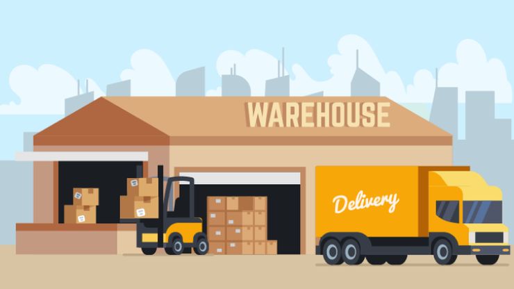 Illustration av ett lager med gaffeltruck, paket och leveranslastbil för effektiv logistik.